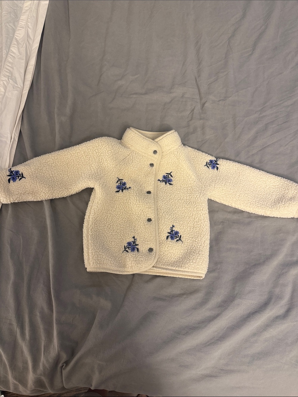 Old Navy Cream Sherpa Jacket with Blue Floral Embroidery